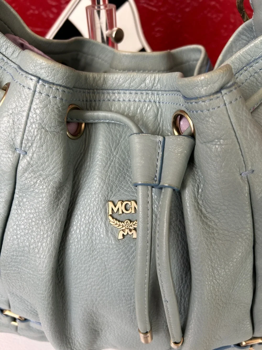 MCM Pale Blue Pebbled Leather Drawstring Hobo Bag - Picture 2 of 15